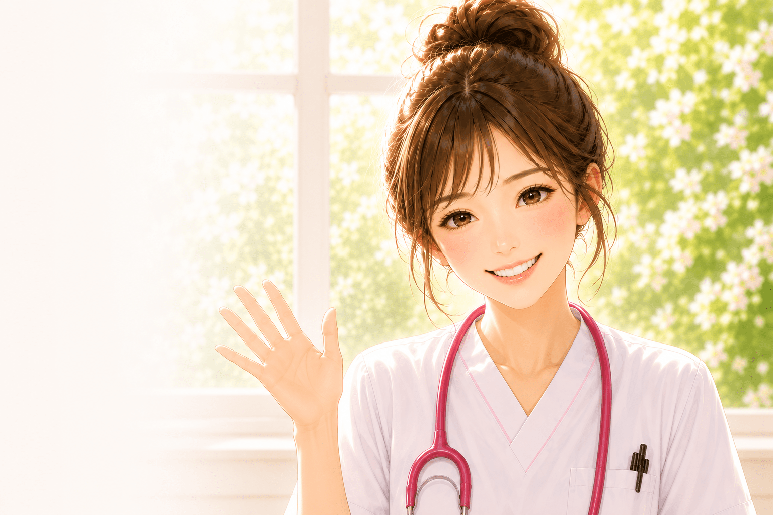 明るい窓辺で手を振る、現役看護師の女性