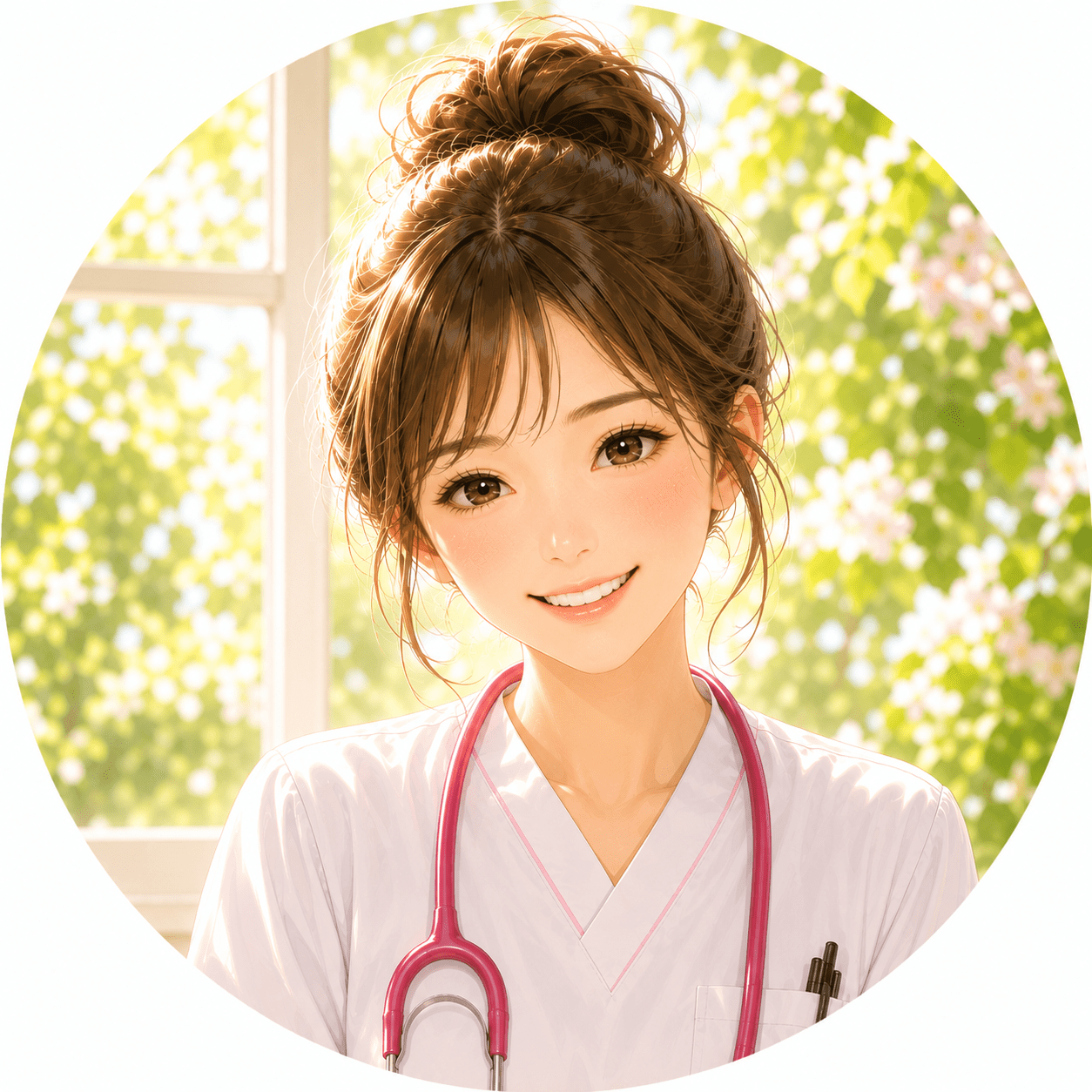明るい窓辺でほほえむ、現役看護師の女性