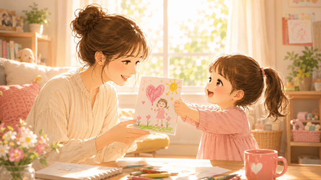 子どもが描いた絵を見せる娘と、それを微笑んで受け止める母親のイラスト