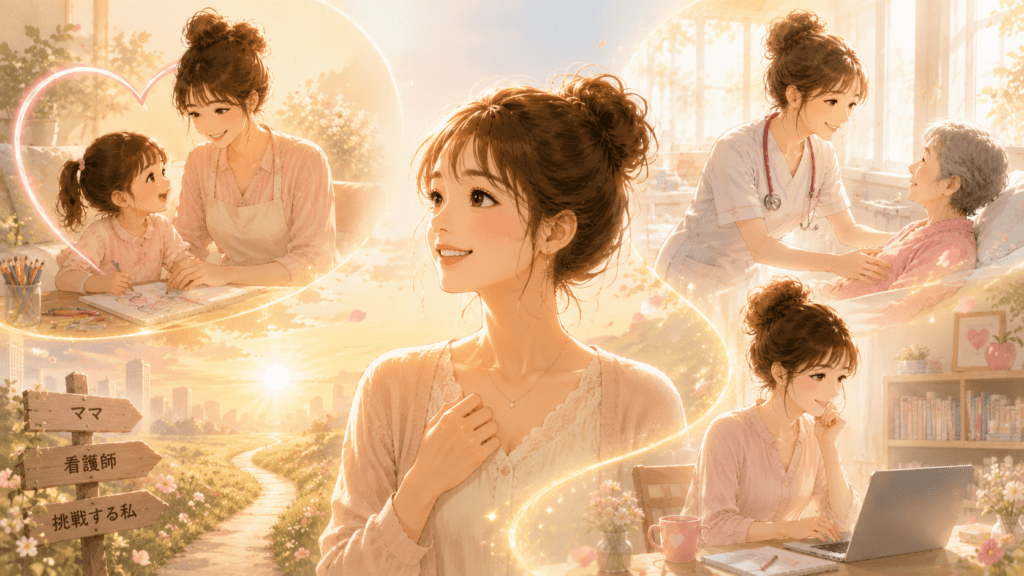 子育てと自分の人生の両立について考える母親のイラスト
