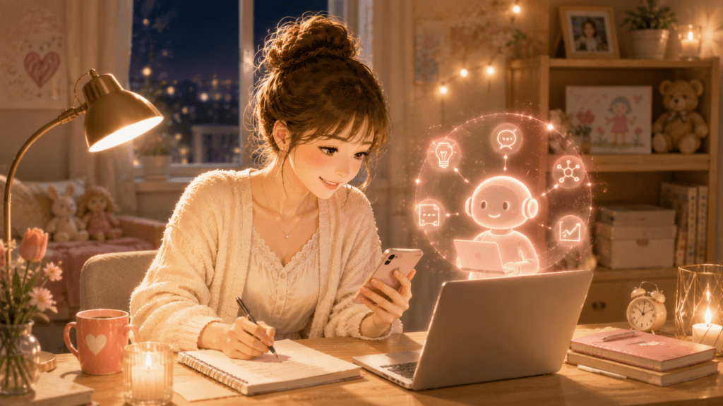 限られた時間の中でAIを活用しながら作業する母親のイラスト