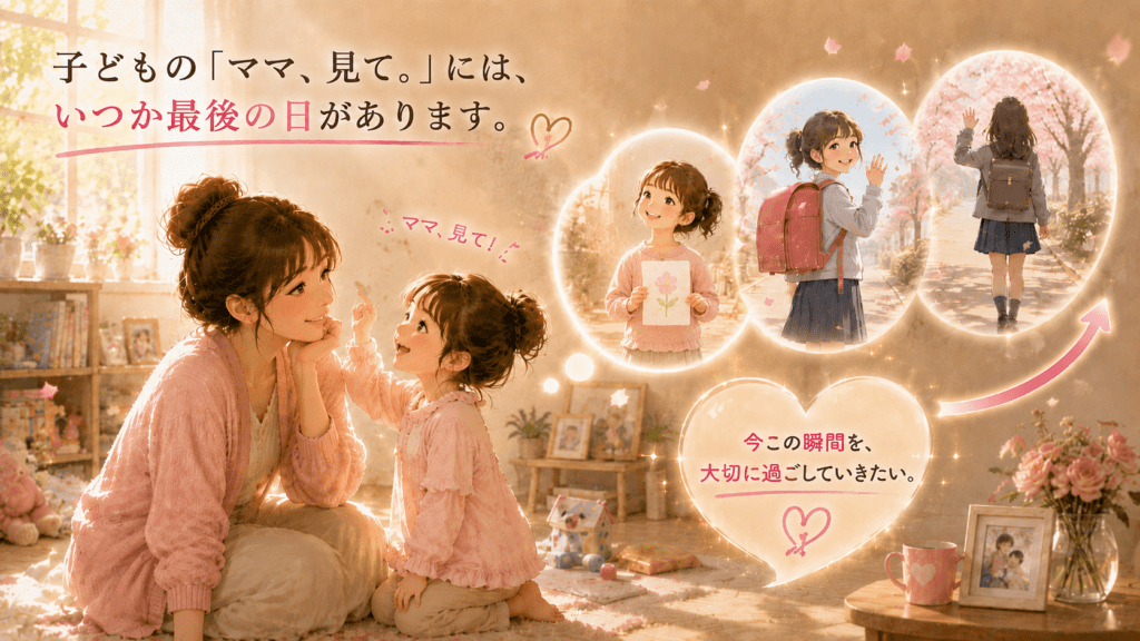 「ママ、見て」と声をかける子どもに向き合う母親のイラスト