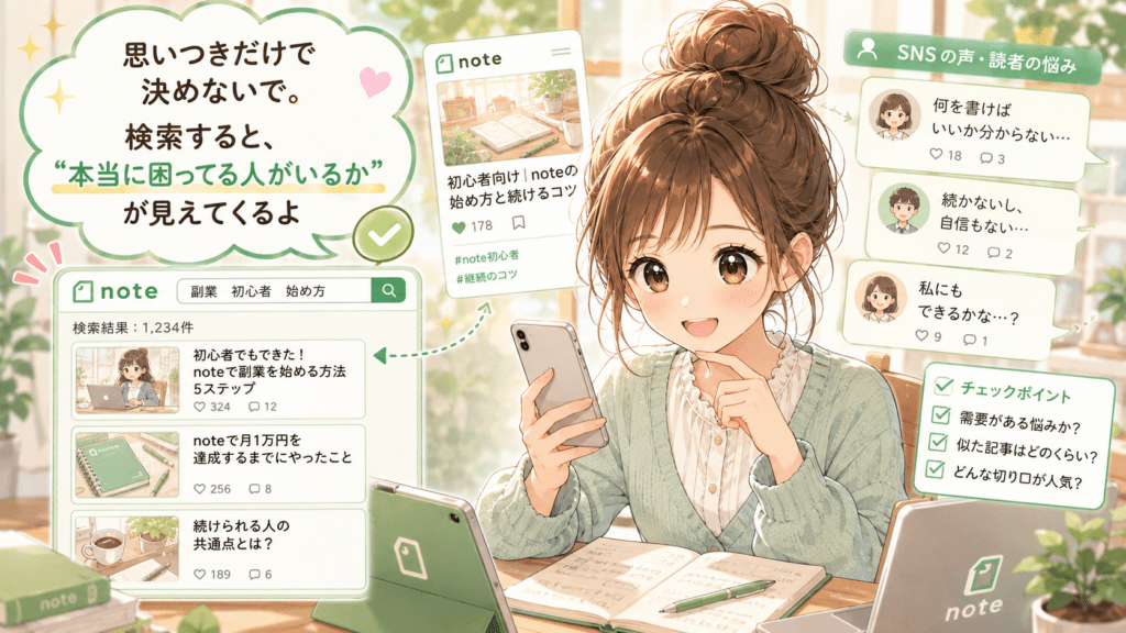 スマホ検索でテーマの需要と競合を確かめる様子