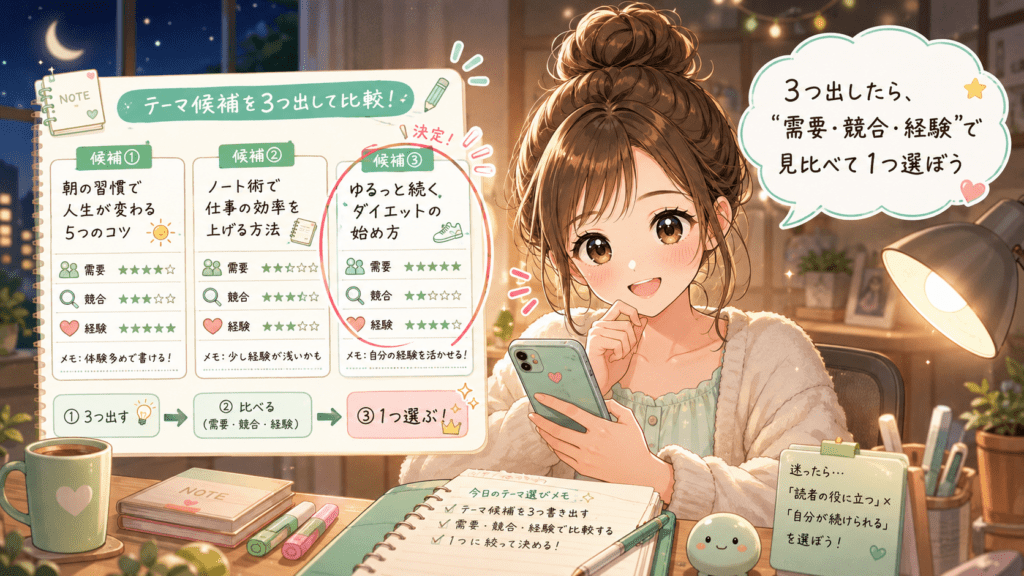 スマホのメモに記事テーマ候補を3つ書き出す様子
