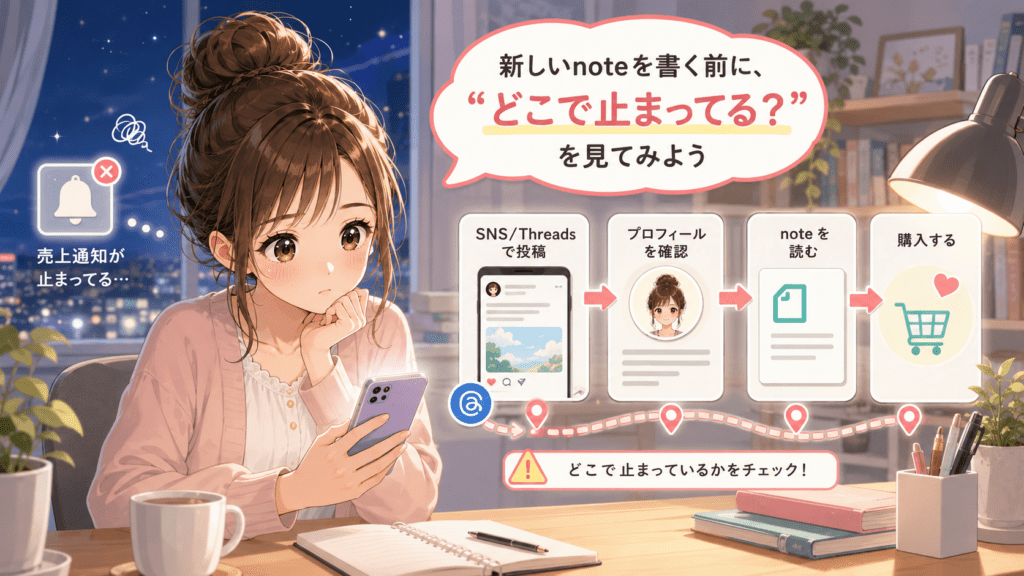 売れなくなった有料noteの原因を分析し、売上回復を目指すイメージ