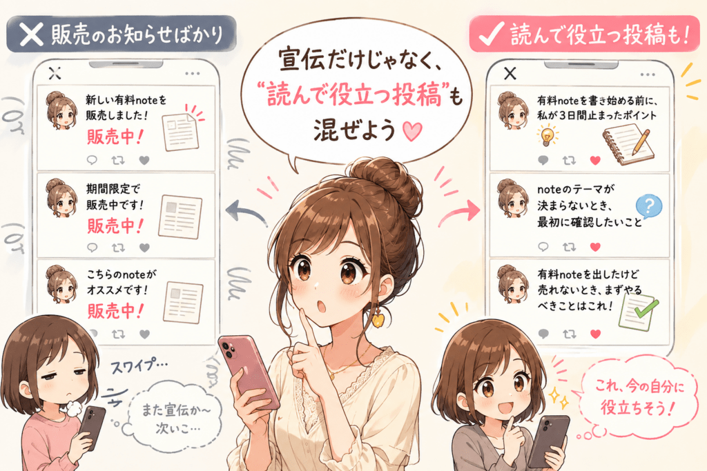 販売のお知らせに偏ったSNS投稿を見直すイメージ
