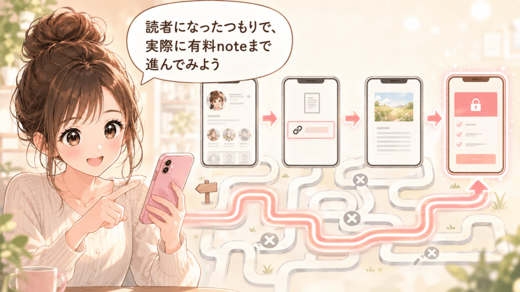 SNSのプロフィールから有料noteまでの導線を確認するイメージ