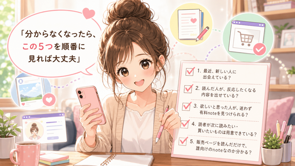 noteが売れない原因を5つの質問で診断するイメージ