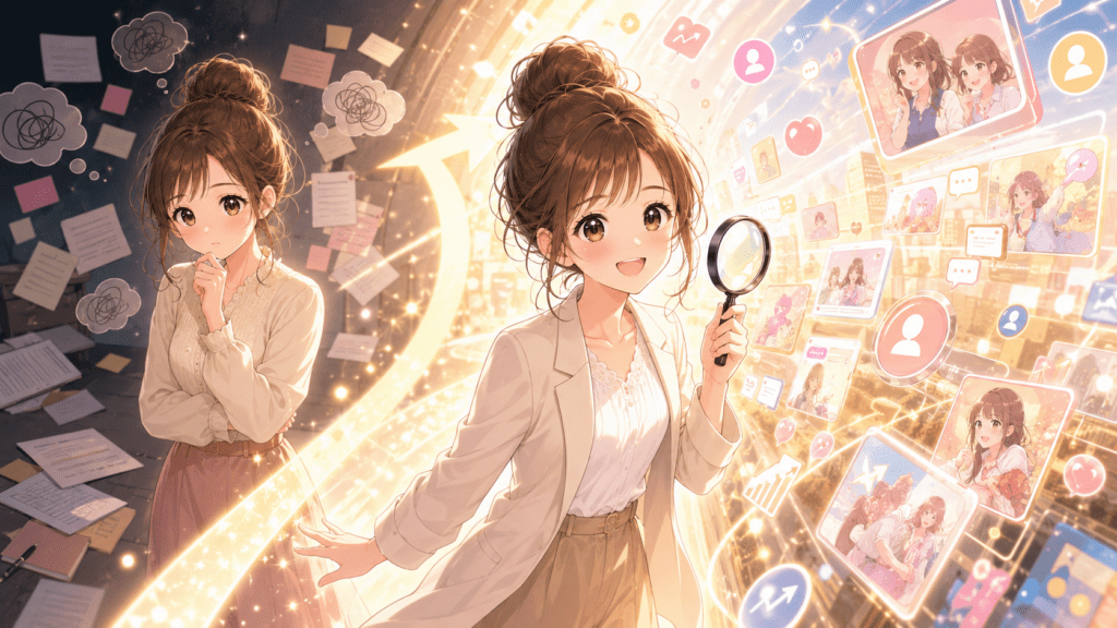 売れるnoteのテーマを考える女性と市場リサーチのイメージ