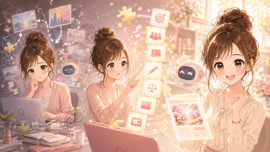 AIの回答がズレて悩む女性とプロンプト設計のイメージ