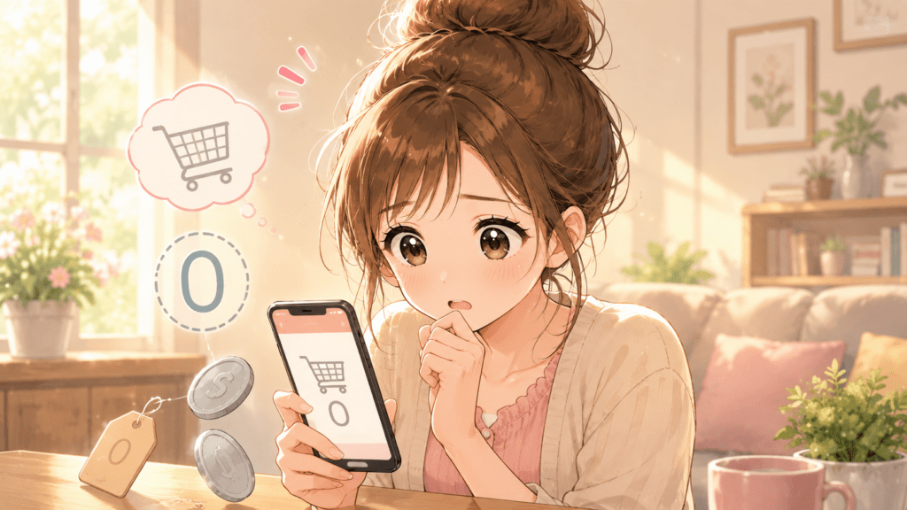 スマホの売上画面に「0」と表示され驚く女性のイラスト。100円まで下げてもnoteが売れない状況を表す