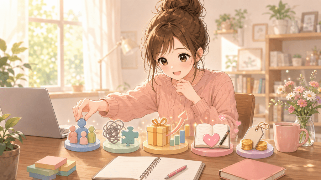 人物・悩み・ギフト・本・値札のミニチュアを机に並べる女性のイラスト。noteの価格を決める前に整理すべき5つのポイントを表す