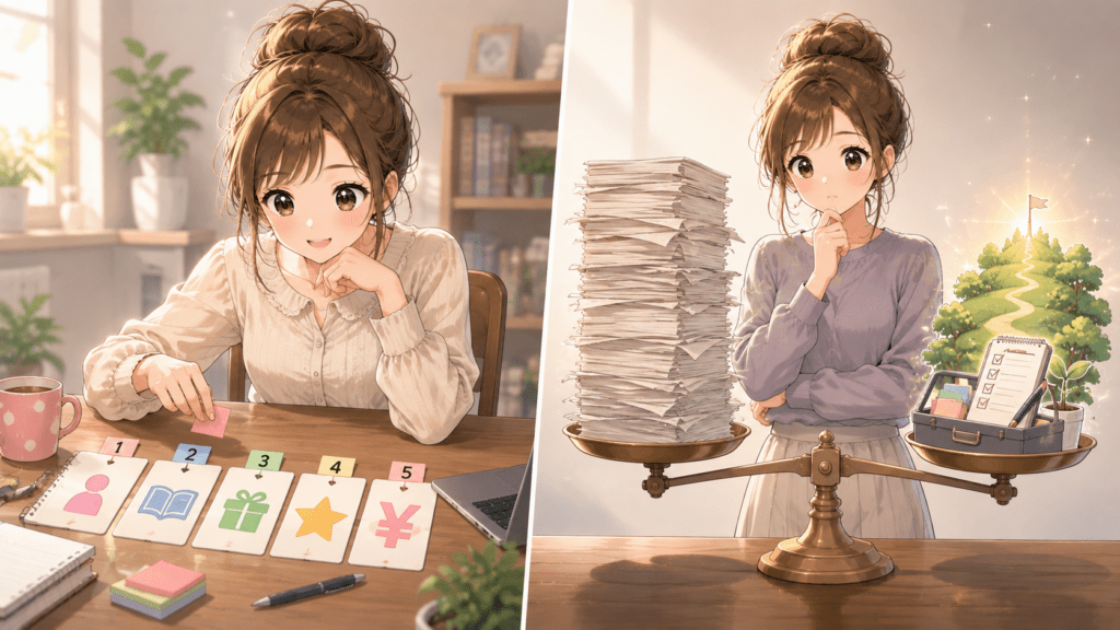 1〜5の要素カードを並べる様子と、紙の束と価値をてんびんで比較する様子を描いたイラスト。文字数だけでは価格を決められないことを表す