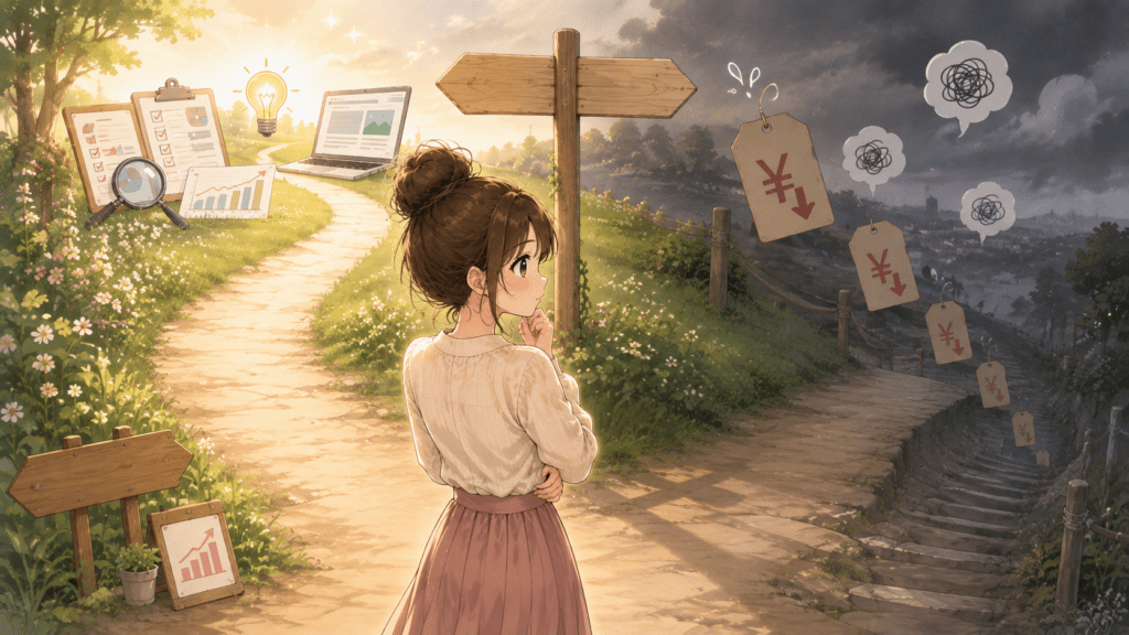 値下げを繰り返す暗い下り坂と、分析して改善する明るい道の分かれ道で悩む女性のイラスト
