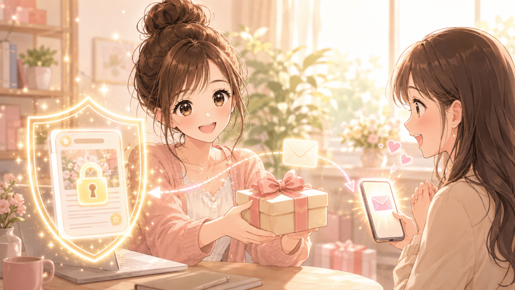 鍵のかかった有料noteを友人にプレゼントする女性のイラスト