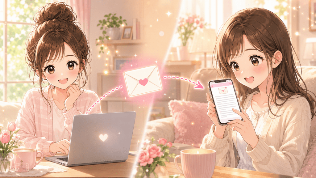 プレゼントされたnoteの記事をメールで受け取りスマホで読んでいる女性のイラスト