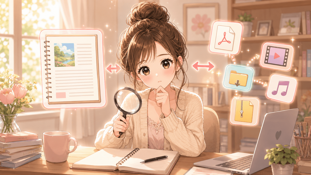 PDF・動画・音声などの特典付きnoteの内容を確認している女性のイラスト