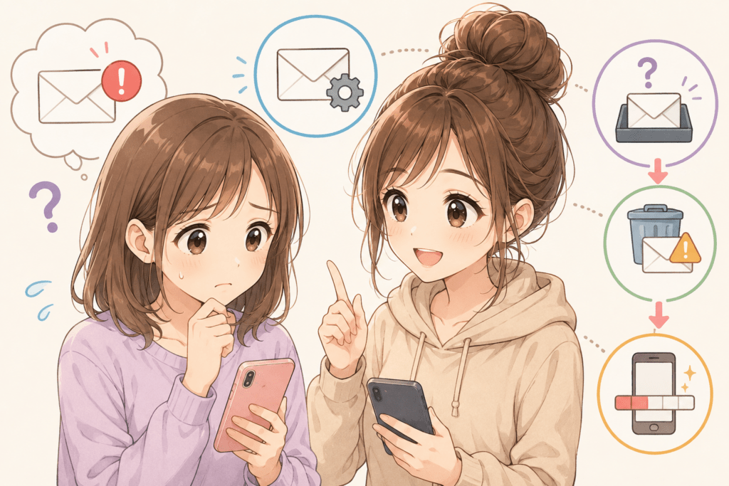 プレゼントメールが届かない時に確認する3つのポイント（通知設定・迷惑メール・容量）を示すイラスト