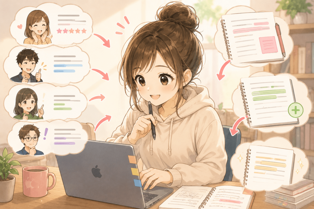 モニター読者からの具体的な感想をもとにnoteを改善している女性のイラスト