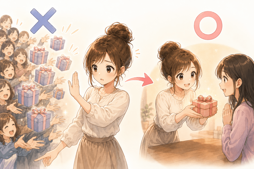 大勢に配らず、想定読者の1人に絞って有料noteをプレゼントする様子を示すイラスト