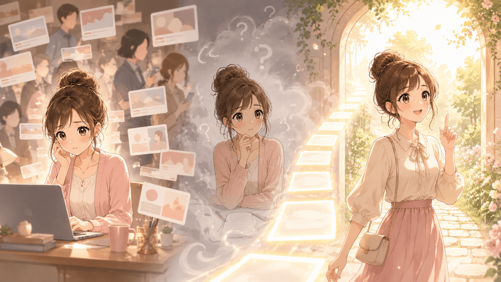 SNSの情報に埋もれて悩む状態から、光が差す道を歩き出す女性を描いた3コマイラスト