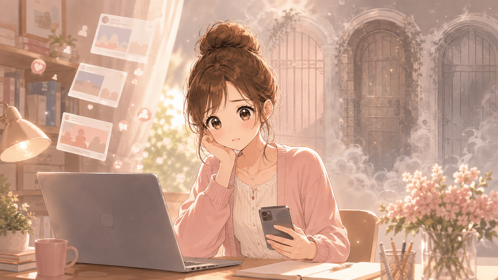noteの反応が伸びず、SNS投稿を見ながら考え込む女性のイラスト