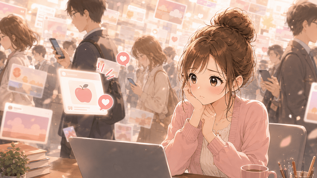 スマホを見る大勢の人に囲まれ、自分の投稿が読まれない「Not Read」の状態を表すイラスト