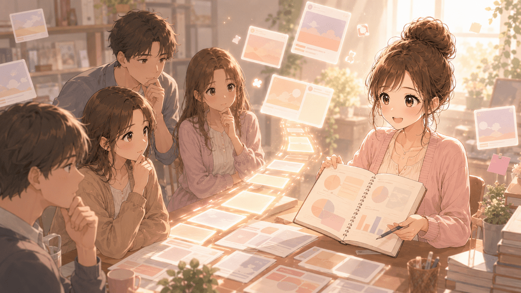 ノートを見せても仲間が半信半疑で考え込む「Not Believe」の状態を表すイラスト