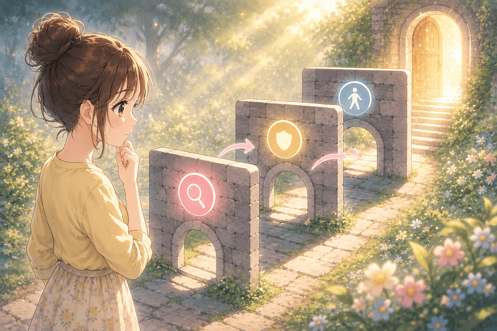 読む・信じる・行動するの3つの関門を順番に通り抜けて扉へ向かう女性のイラスト