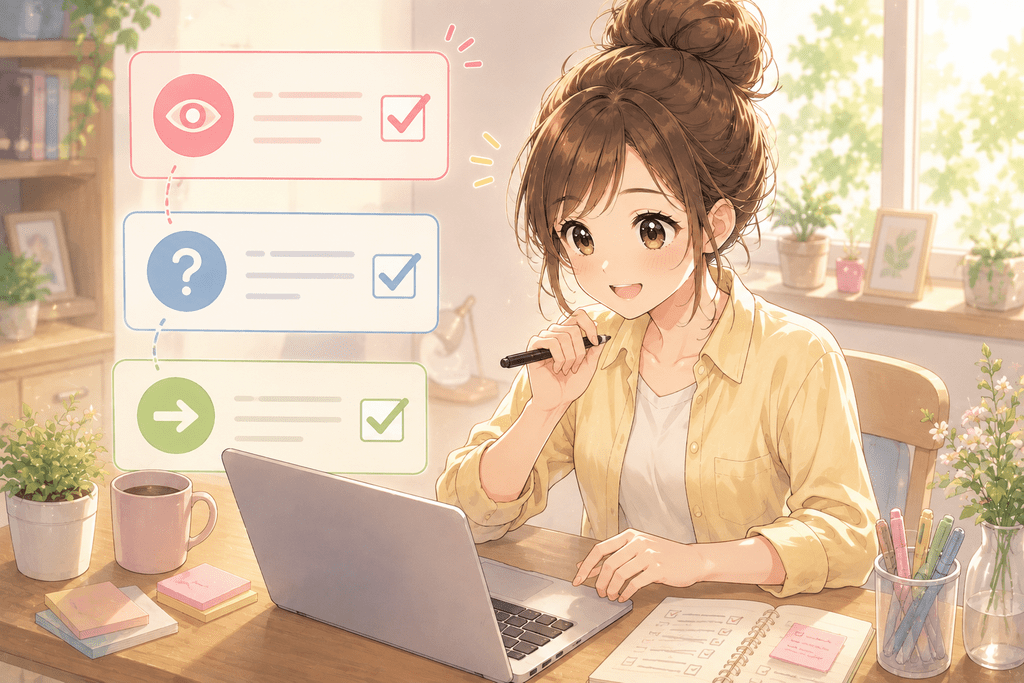 Not Read・Not Believe・Not Actの3項目をパソコンでチェックする女性のイラスト