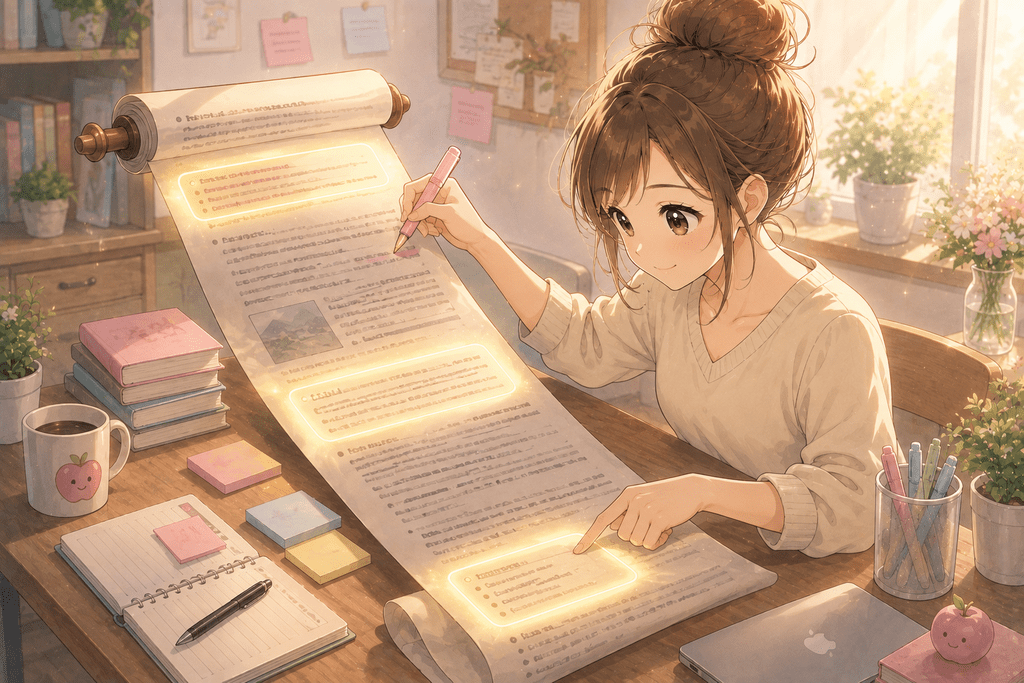 記事全体ではなく、光る巻物の中の3か所だけを見直している女性のイラスト