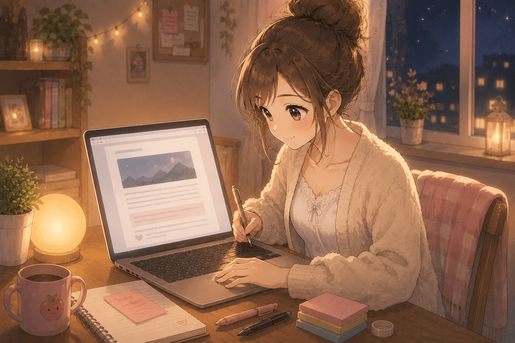 夜、自分のnote記事をパソコンで見直しながら書き直す女性のイラスト
