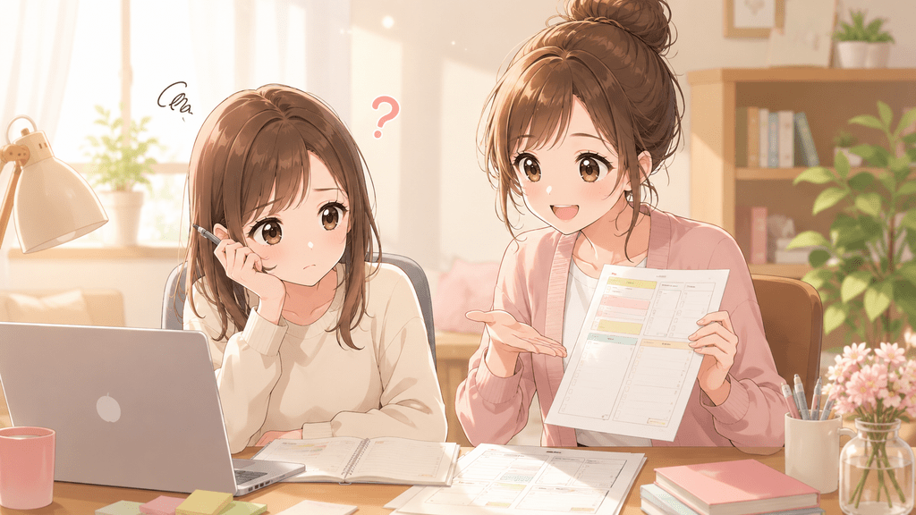 特典を作る目的について、資料を見せながら説明する女性たちのイラスト
