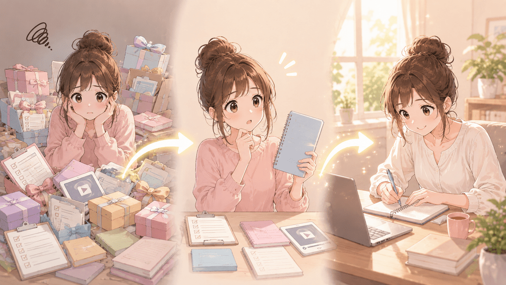 特典のアイデアが多すぎて悩む女性が、考えを整理して執筆に集中するまでの3コマイラスト