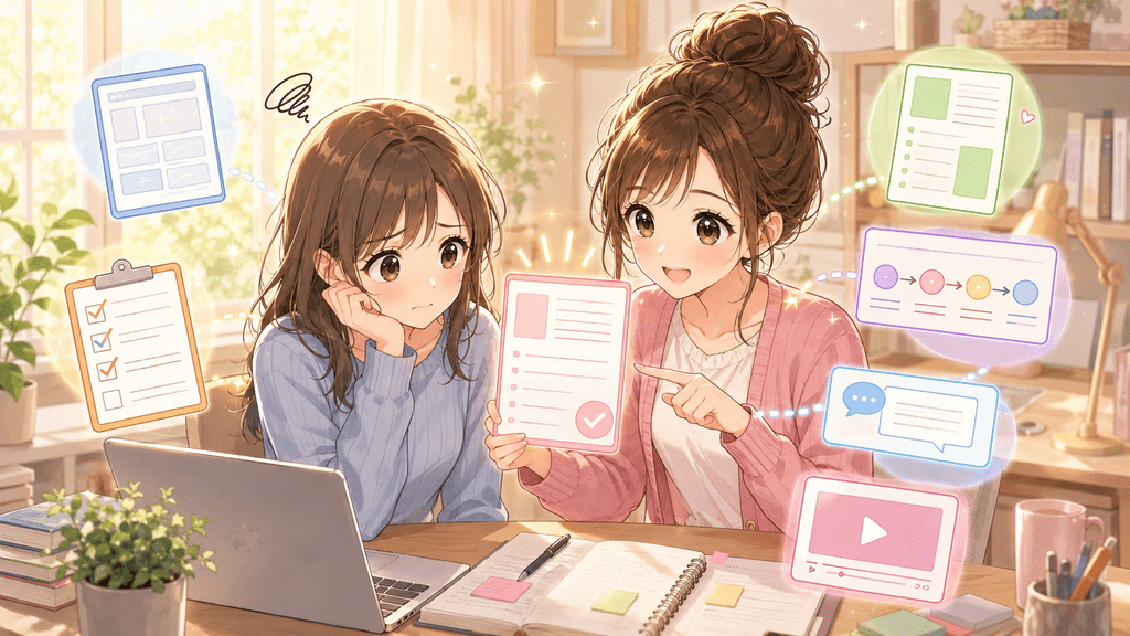 特典の内容をチェックリストや資料で確認し合う女性たちのイラスト