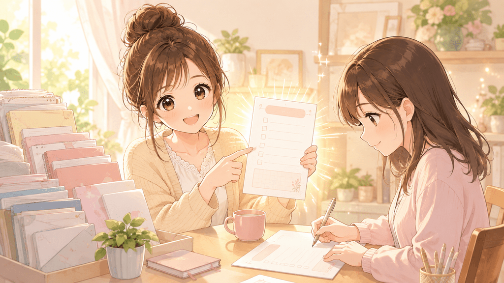 作成した特典の資料を一緒に確認し合う女性たちのイラスト