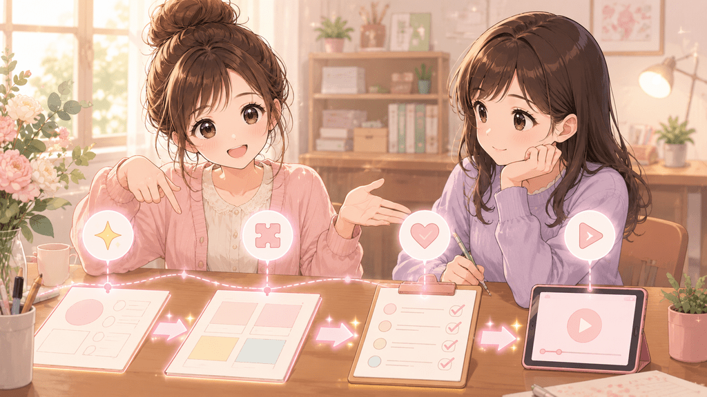 複数の特典を使う順番を矢印で示しながら説明する女性たちのイラスト