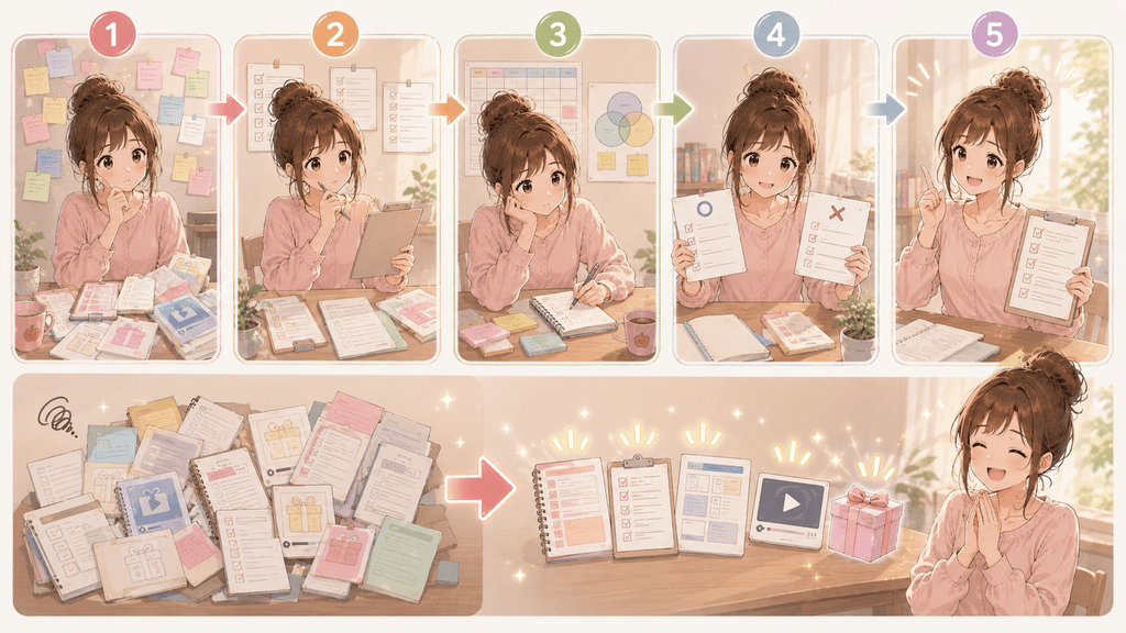 有料noteに必要な特典を決める5つのステップを表した5コマイラスト
