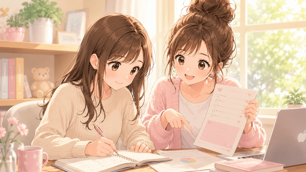 特典の使い方を一緒に確認しながら説明する女性たちのイラスト