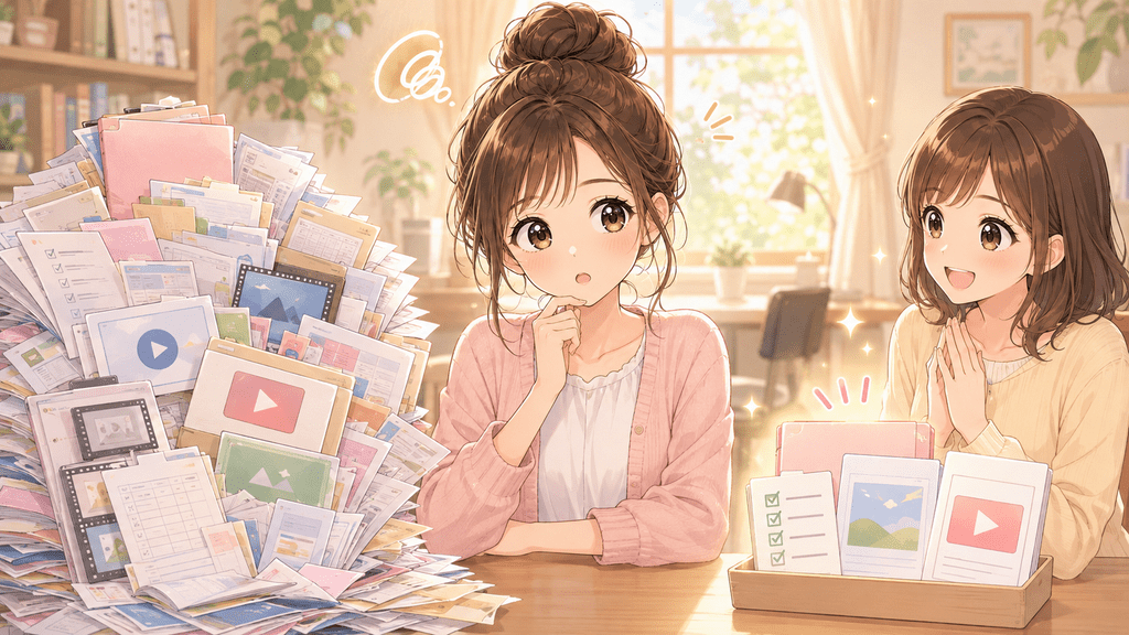 たくさんの特典素材を前に悩む女性と、厳選した特典を見せる女性のイラスト