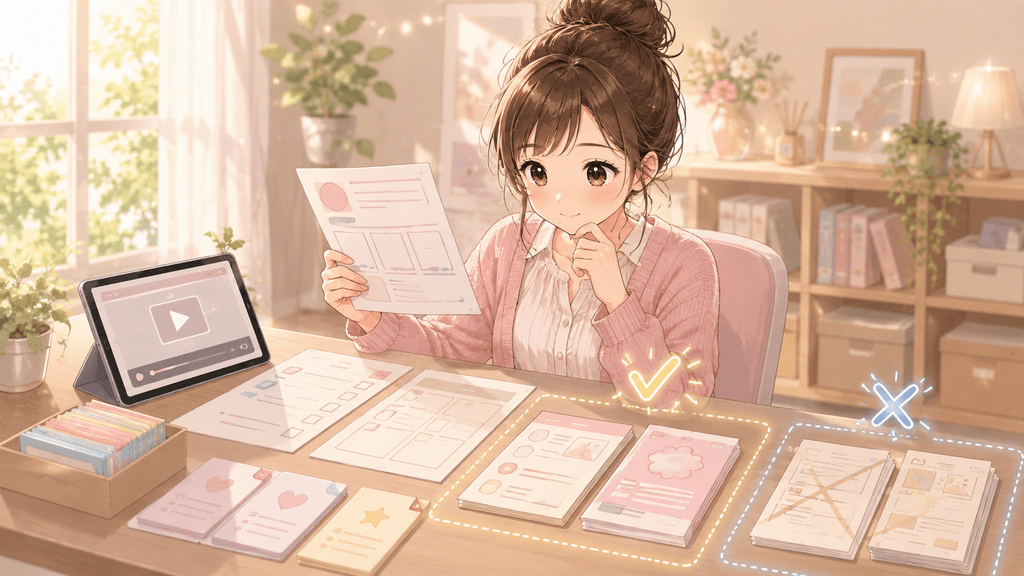 特典候補の資料を◯✕で仕分けしながら選別する女性のイラスト