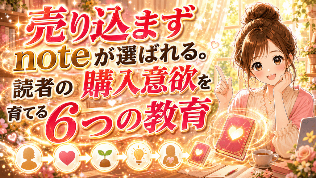 「売り込まずnoteが選ばれる。読者の購入意欲を育てる6つの教育」のアイキャッチ画像。ノートパソコンの前に立つ女性のイラストと記事タイトルの装飾文字