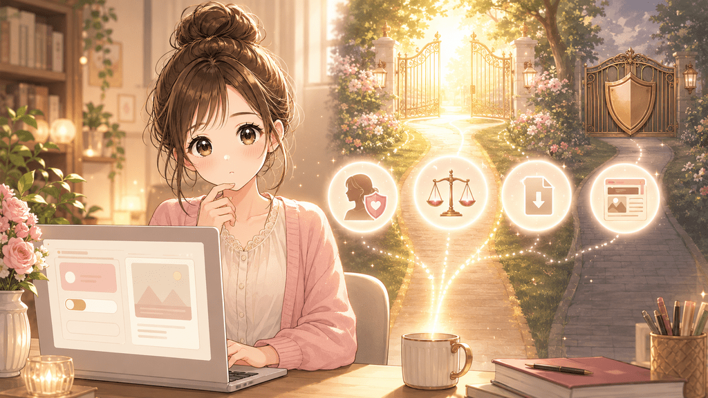 有料noteの返金設定に迷う女性と、判断のポイントを表す4つのアイコン