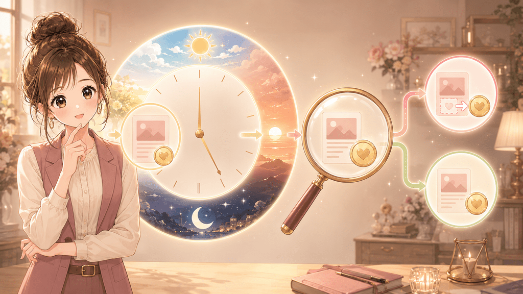 noteの返金申請期間の仕組みをイメージした時計と虫眼鏡のイラスト