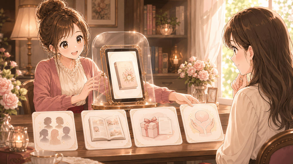 返金不可のnoteを大切な作品として紹介する2人の女性のイラスト