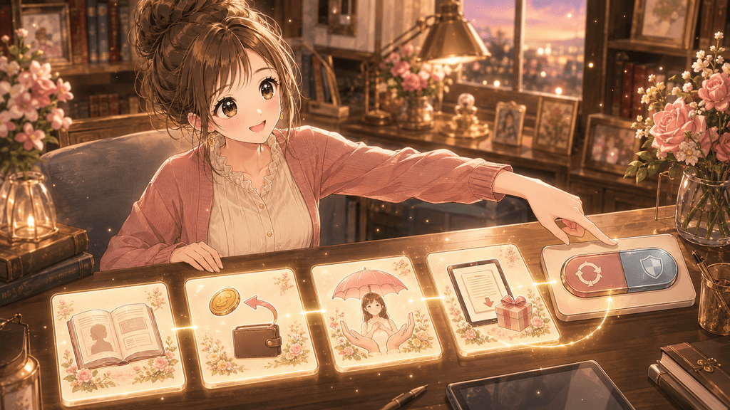 返金可否を決める4つの質問を表すカードのイラスト