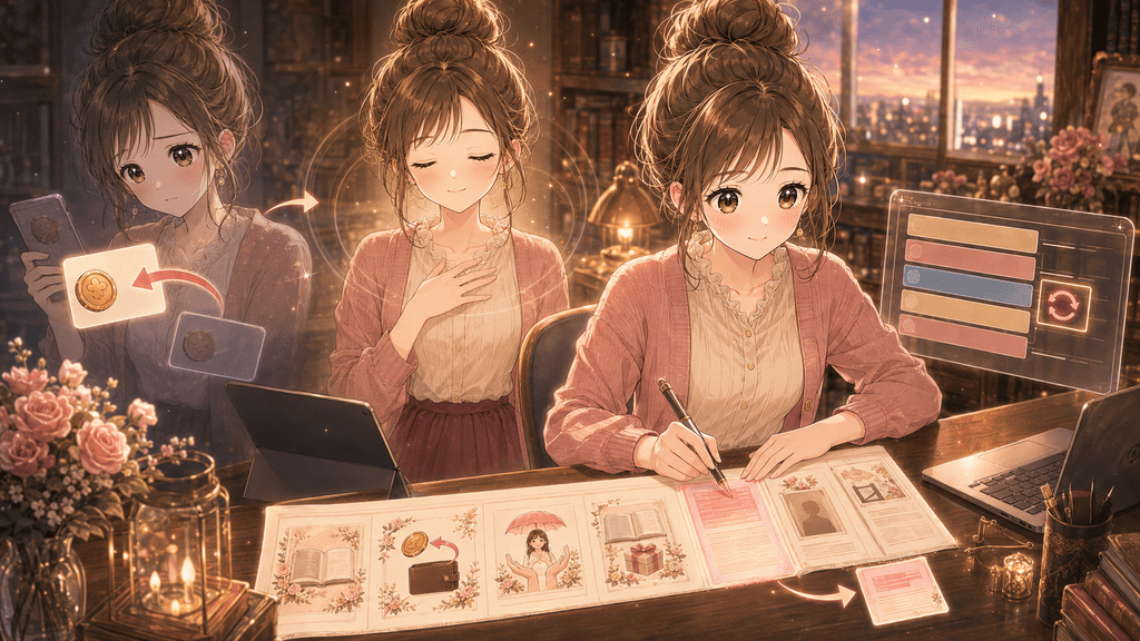 返金対応の3ステップ（確認・比較・修正）を表す女性のイラスト
