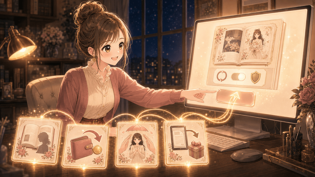 有料noteの返金設定を確定してアップロードする女性のイラスト