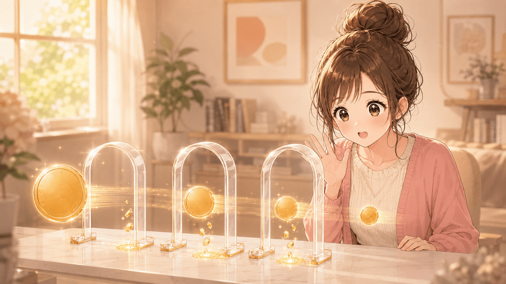 1枚の金貨が3つの門をくぐるように少しずつ差し引かれていく様子に驚く女性のイラスト(noteの売上がそのまま手取りにならないことを表す)