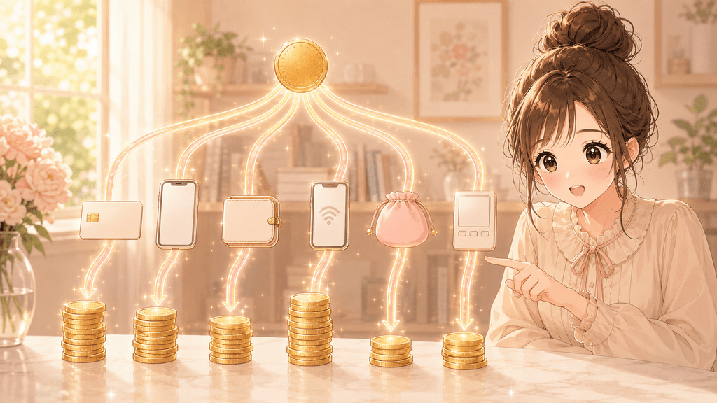 1枚の金貨がクレジットカードやスマホ決済など6つの決済方法のアイコンに分かれ、高さの異なる硬貨の山になる様子のイラスト